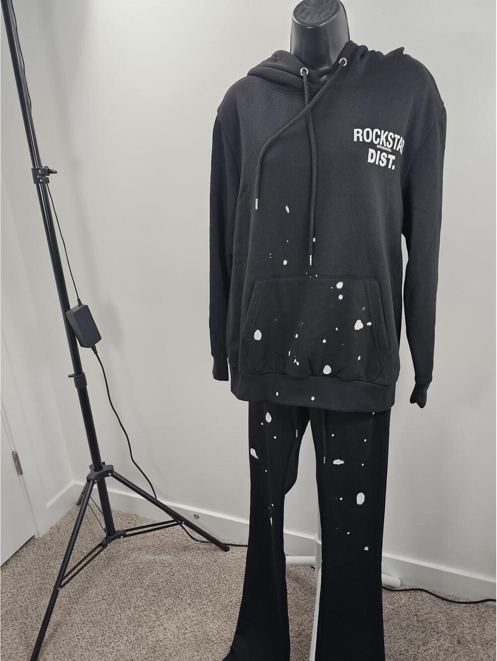 Rockstar Original Black Hoodie and Pants Set with White Paint Splatter